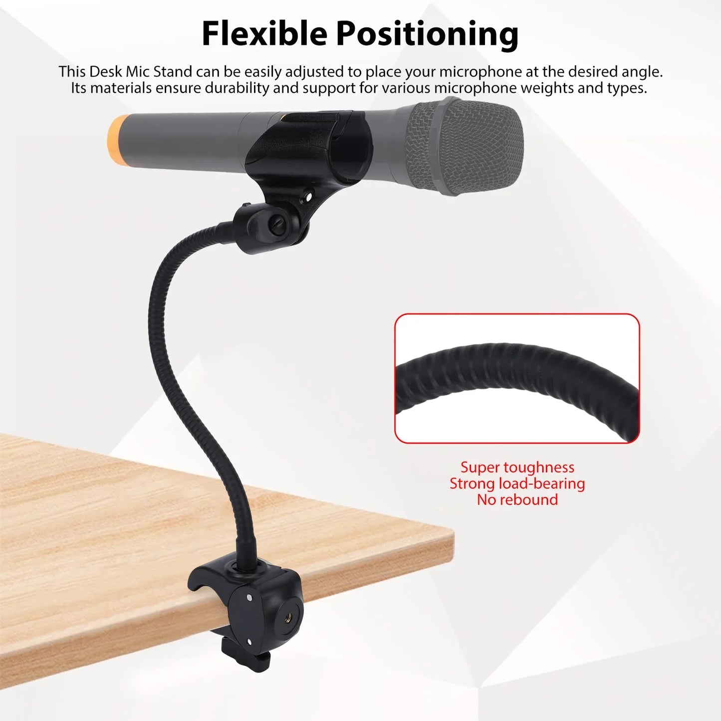 Black flexible microphone stand with gooseneck arm clamp and adjustable clip base holding gray and black microphone