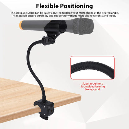 Black flexible microphone stand with gooseneck arm clamp and adjustable clip base holding gray and black microphone