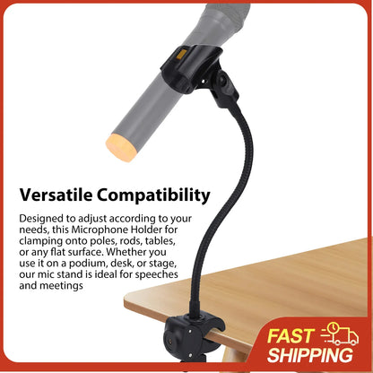 Black flexible gooseneck microphone stand with adjustable clip base and gooseneck arm clamp holding gray microphone