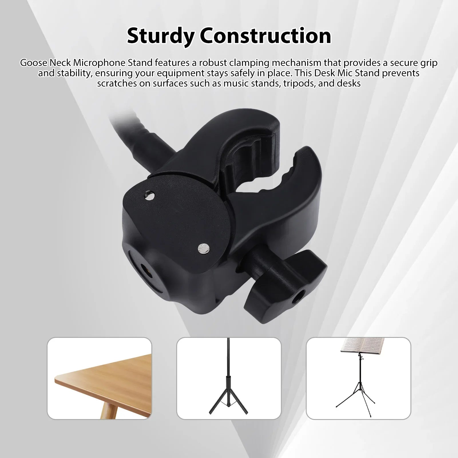 Black plastic gooseneck arm clamp with robust clamp mechanism for secure grip on adjustable clip base microphone stand flexible use