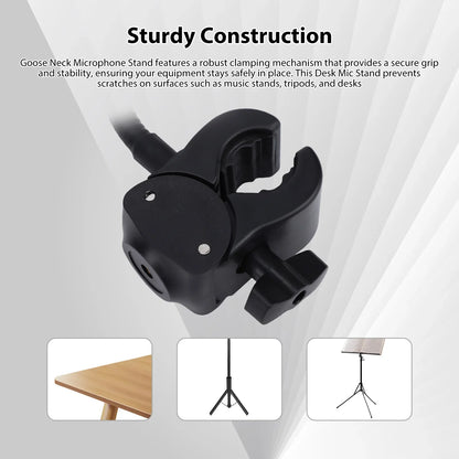 Black plastic gooseneck arm clamp with robust clamp mechanism for secure grip on adjustable clip base microphone stand flexible use