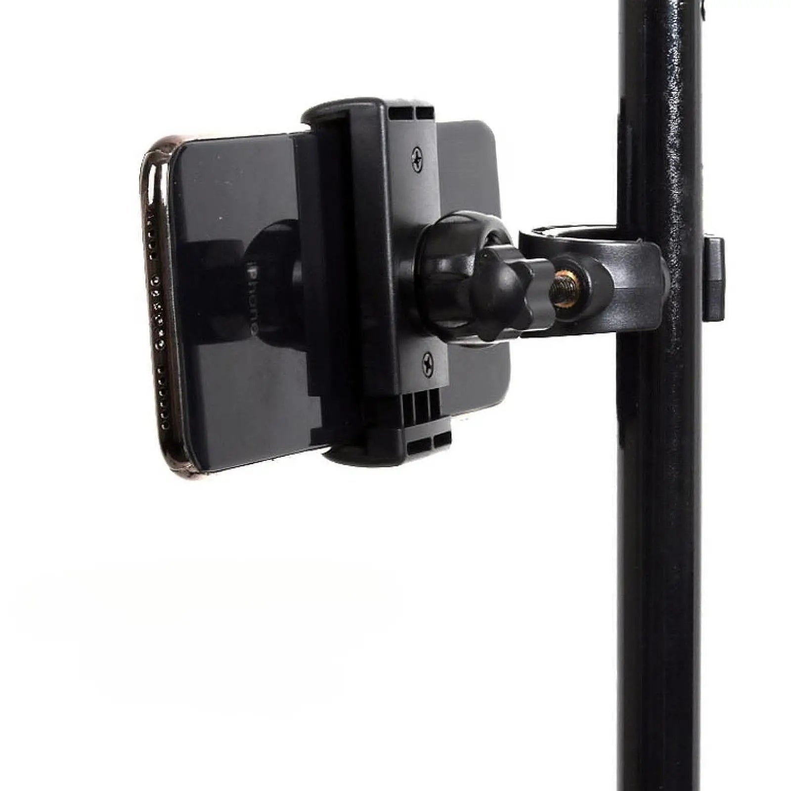 Black mic stand phone holder with adjustable arm clamped to pole holding smartphone for drums adjustable easy live broadcast riding