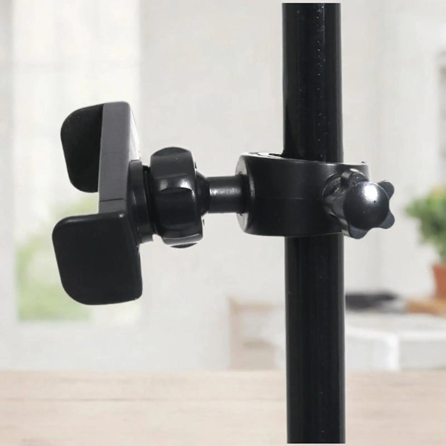 Black plastic mic stand phone clamp with adjustable arms and star-shaped knob for drums adjustable easy live broadcast riding