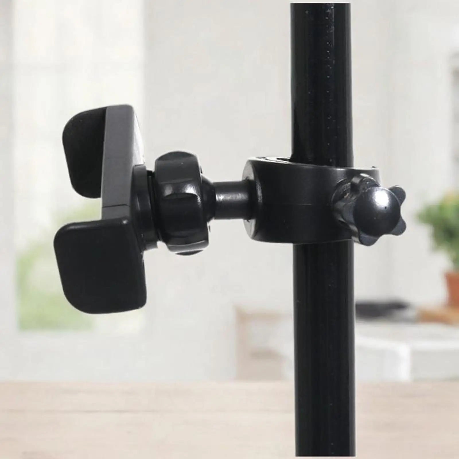 Black plastic mic stand phone clamp with adjustable arms and star-shaped knob for drums adjustable easy live broadcast riding