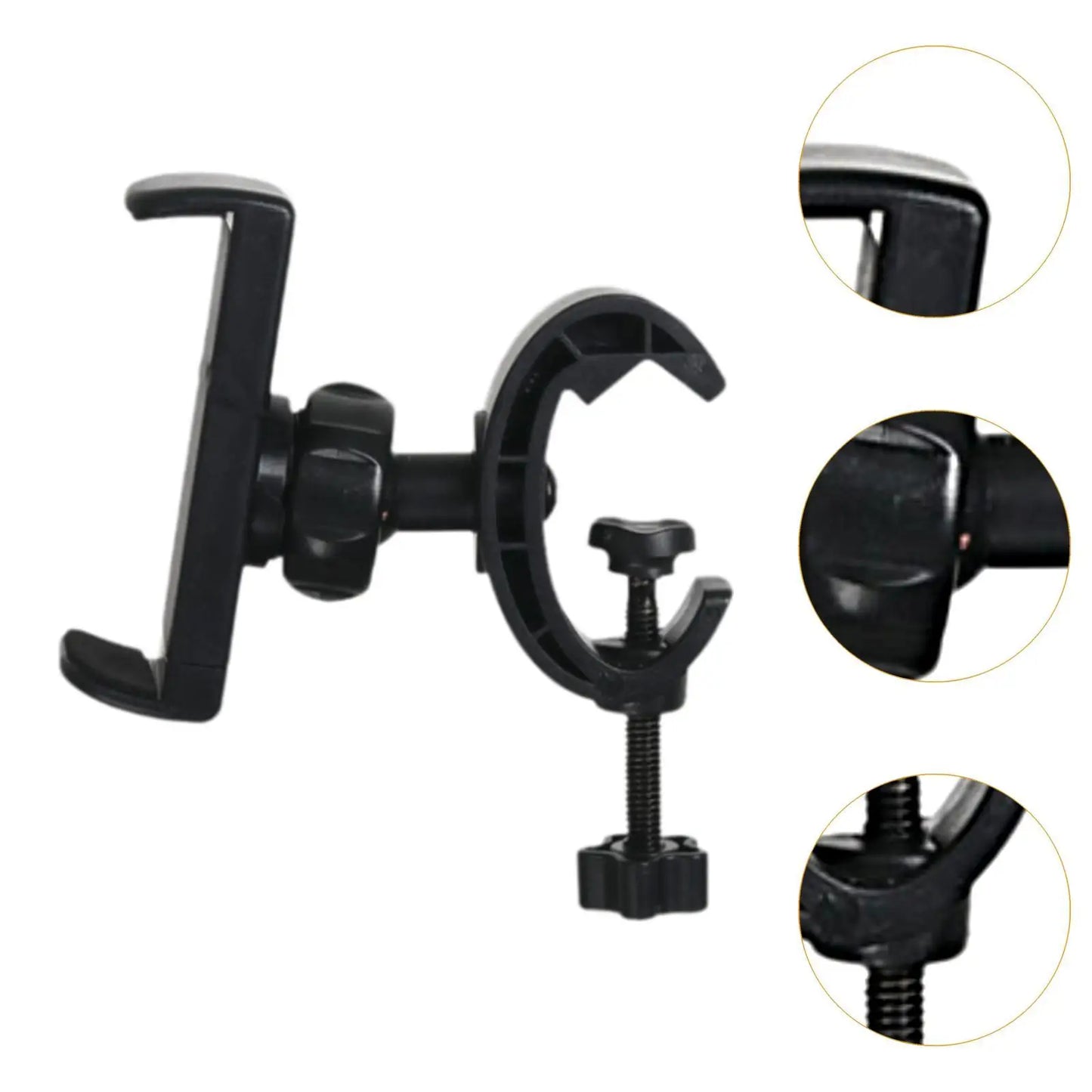 Black plastic mic stand phone holder with adjustable clamp and screw mechanism for drums adjustable easy setup live broadcast riding