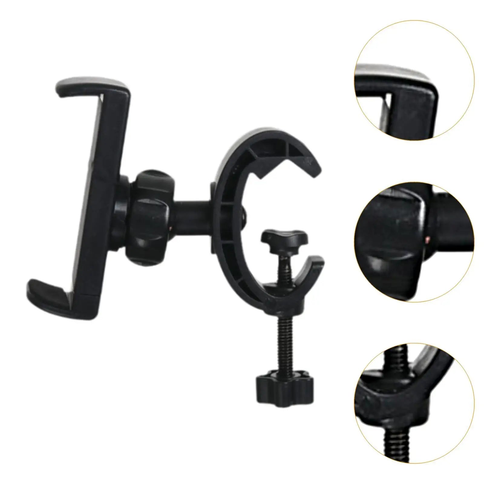Black plastic mic stand phone holder with adjustable clamp and screw mechanism for drums adjustable easy setup live broadcast riding