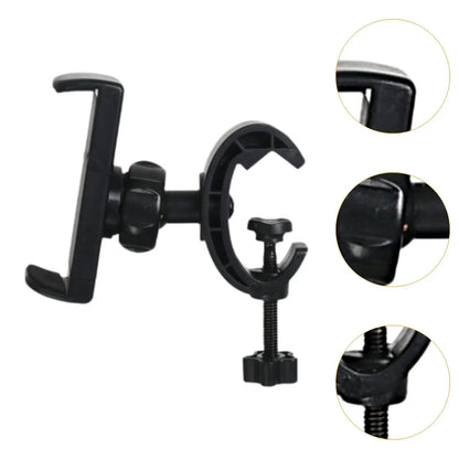 Black plastic mic stand phone holder with adjustable clamp and screw mechanism for drums adjustable easy setup live broadcast riding