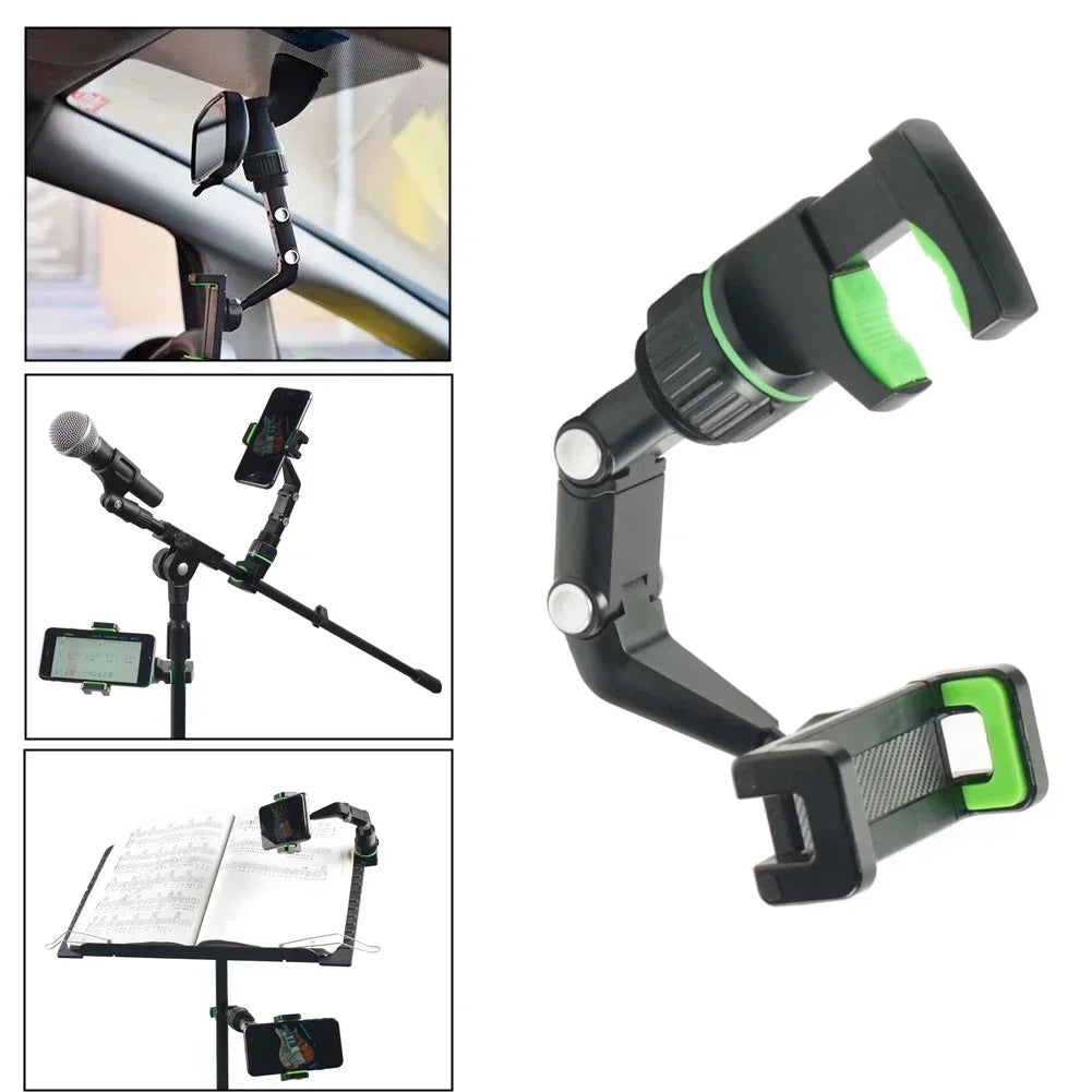 Black and green adjustable mic stand phone holder with articulated arms for versatile live broadcast bracket mounting