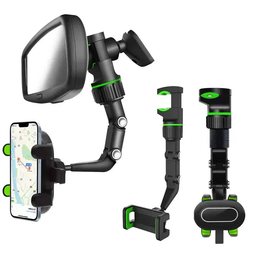 Black and green adjustable mic stand phone holder with multiple attachment points for live broadcast bracket use