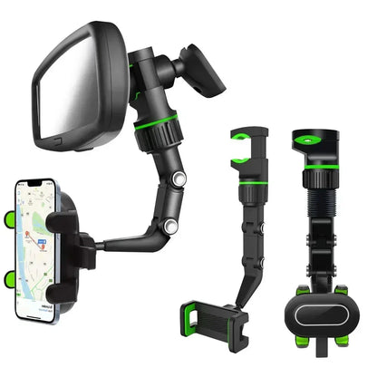 Black and green adjustable mic stand phone holder with multiple attachment points for live broadcast bracket use