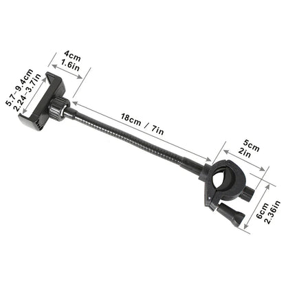 Black adjustable mic stand with flexible telescopic arm and clamp ends for microphones stand smartphones and phone music stand