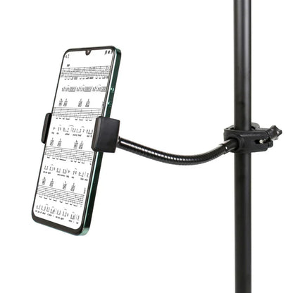 Black flexible adjustable mic stand phone holder displaying guitar tabs as a phone music stand for microphones stand smartphones
