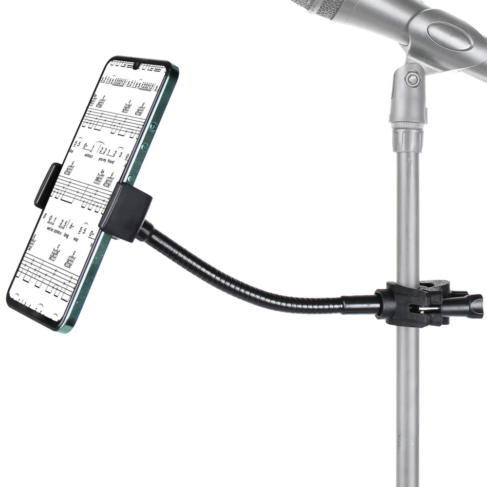 Black flexible adjustable mic stand phone holder displaying sheet music on smartphone as a phone music stand