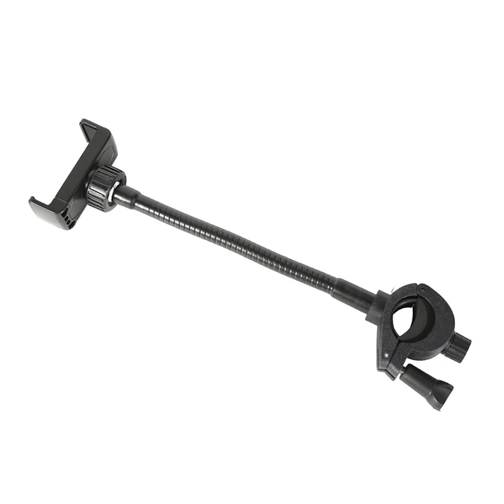 Black flexible gooseneck phone mount with adjustable clamp and universal holder for adjustable mic stand smartphones