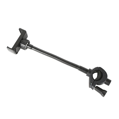 Black flexible gooseneck phone mount with adjustable clamp and universal holder for adjustable mic stand smartphones