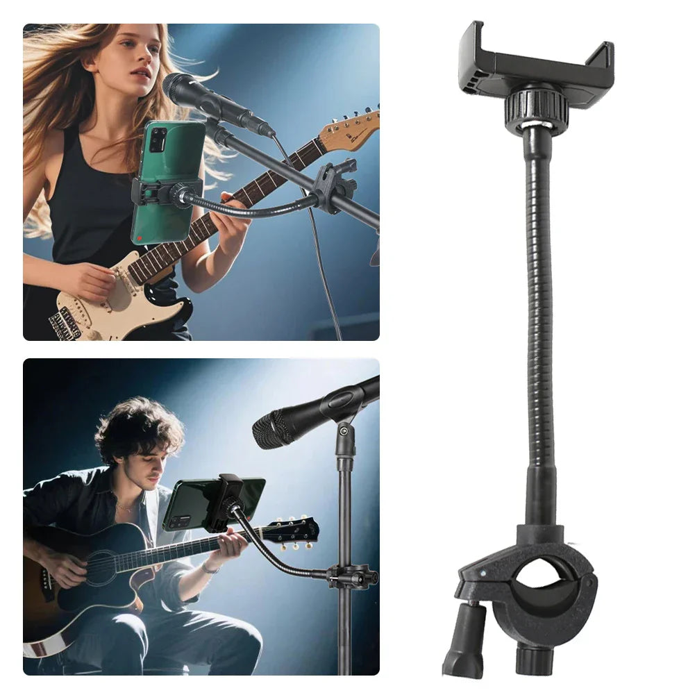 Black flexible gooseneck adjustable mic stand with clamp and universal holder for microphones stand smartphones and phone music stand