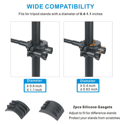 Black plastic adjustable mic stand clamp with silicone gaskets for microphones stand smartphones and phone music stand holder