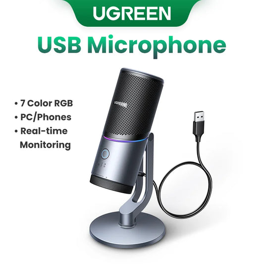 Silver and black ugreen usb professional condenser mic with mesh grille rgb lighting for gaming karaoke recording streaming podcasting