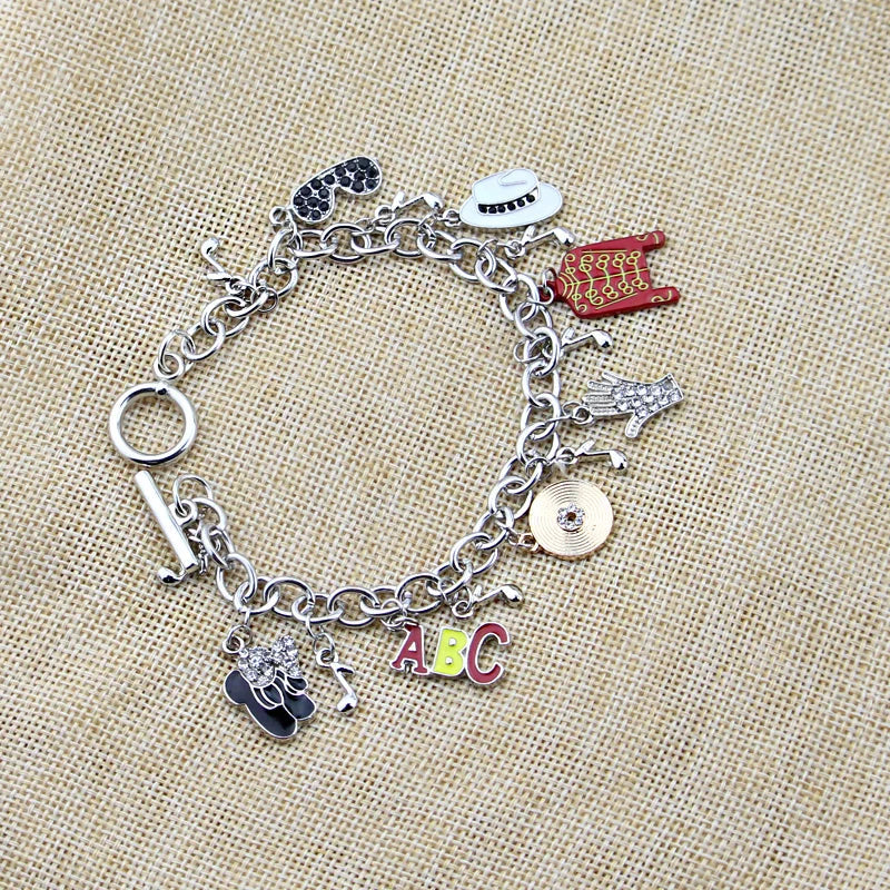 Silver chain michael jackson music charm bracelet with colorful enamel charms including hat red cape and abc letters arrival infinity bracelet