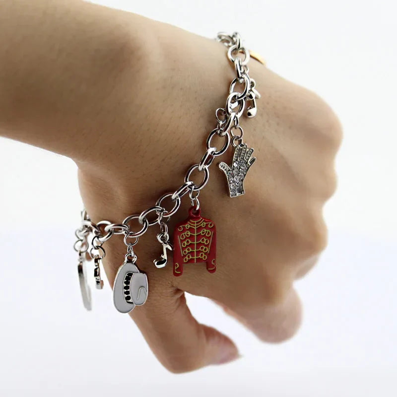 Silver chain michael jackson music charm bracelet with red and gold military jacket charm new arrival infinity bracelet