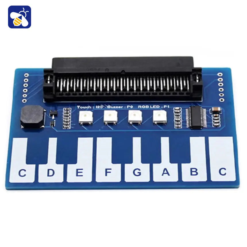 Blue mini piano music expansion board with white keys c to g and b featuring i2c interface communication and buzzer