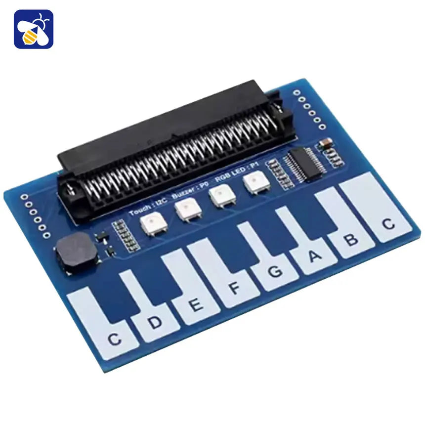 Blue mini piano music expansion board with white keys c to c, black connector, i2c interface communication and circuit components