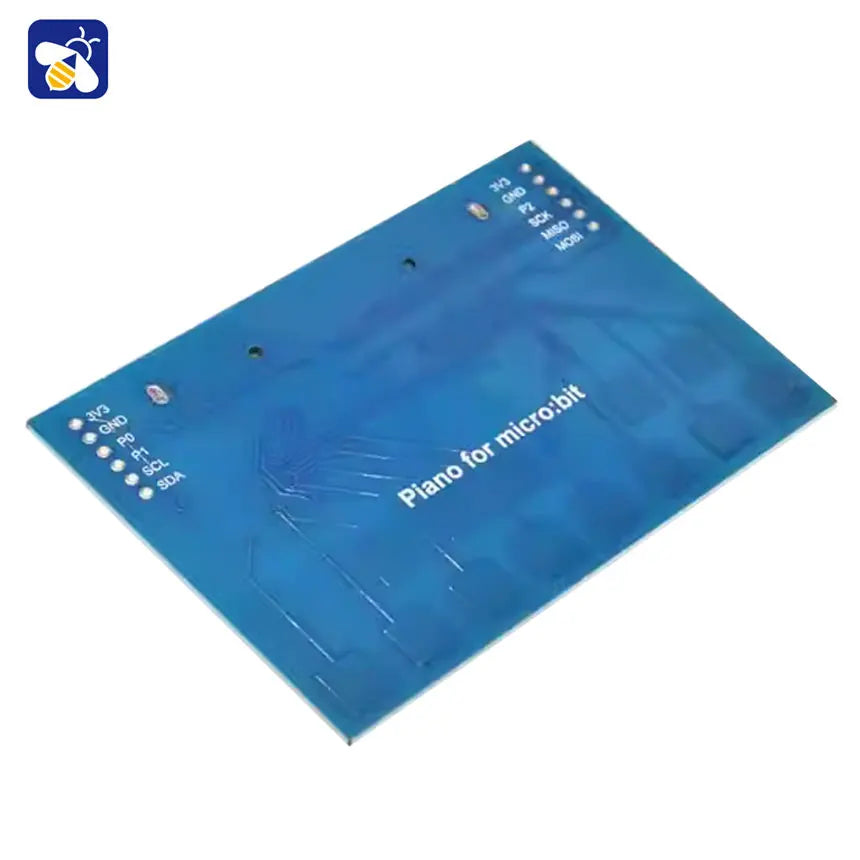 Blue rectangular mini piano music expansion board for micro bit with labeled pins and i2c interface communication