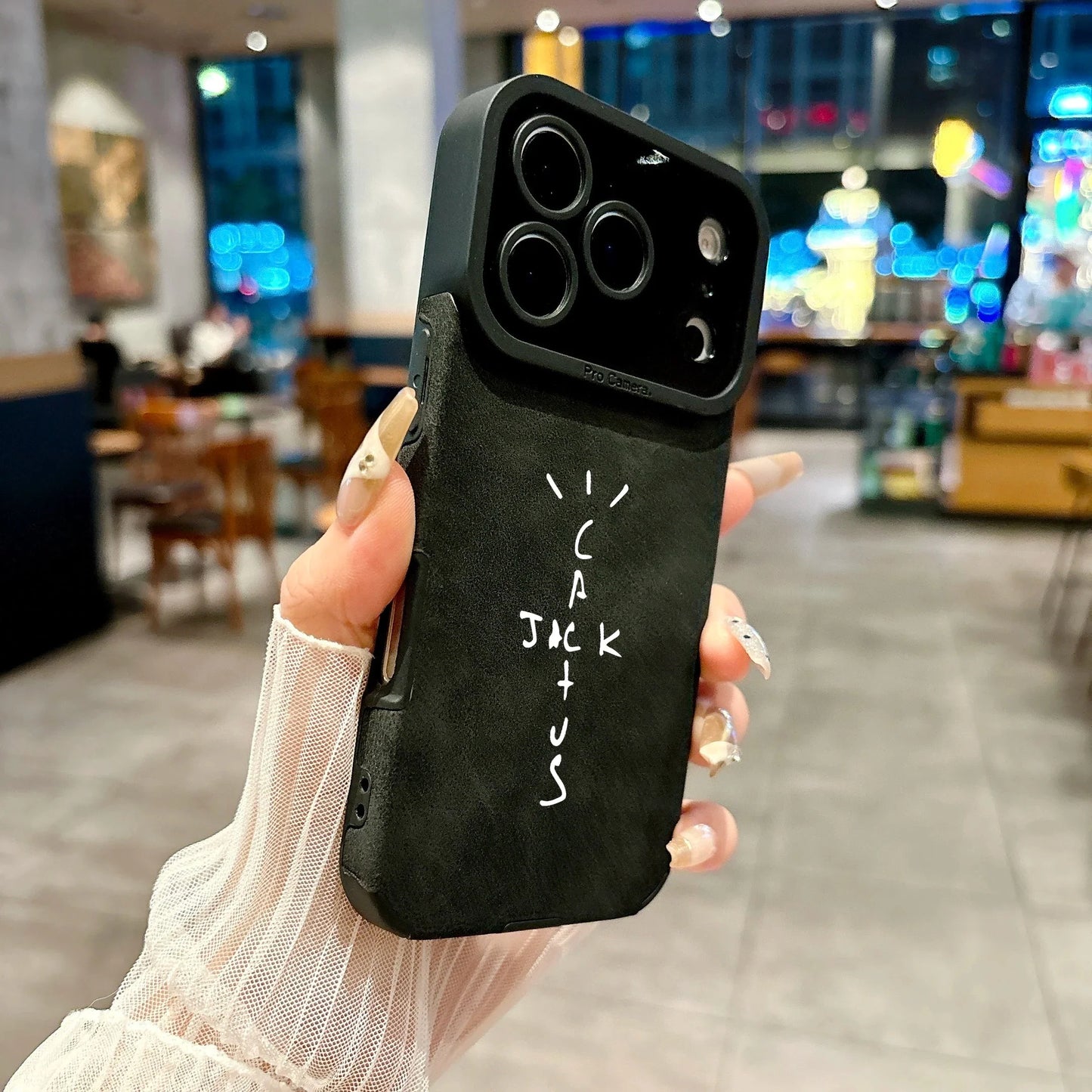 Black microfiber leather phone case with white cactus jack lettering and camera lens cover for cover 16e luxury music jack cases