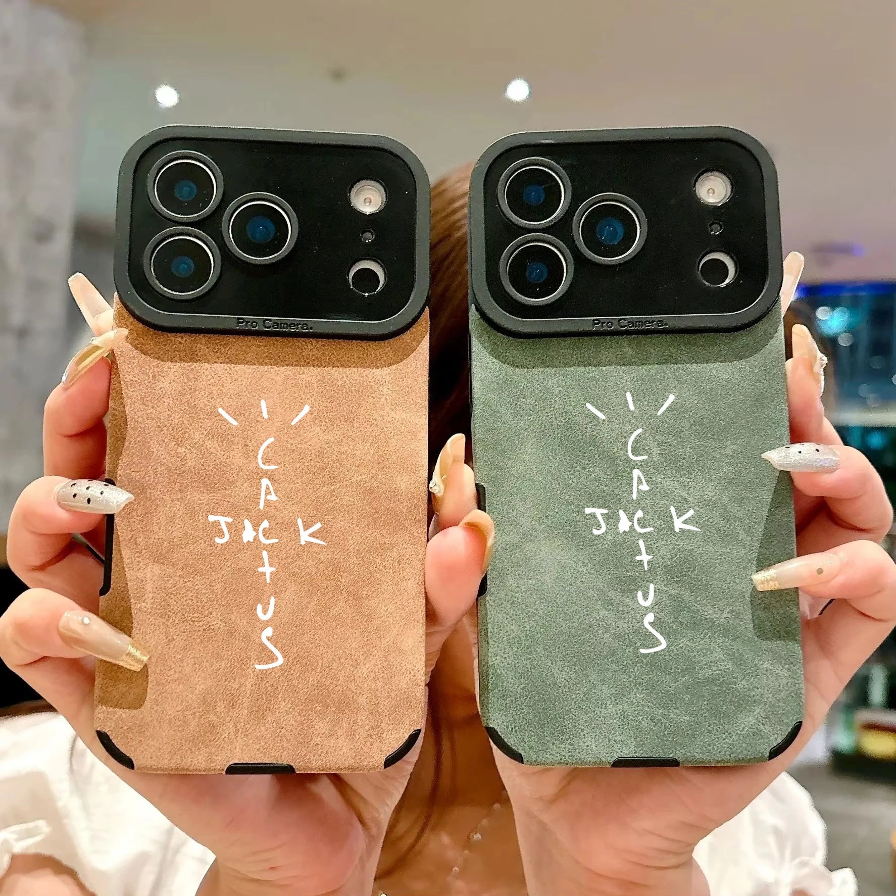 Back side of tan and olive green microfiber leather phone cases with white cactus jack logo for cover 16e luxury music jack cases