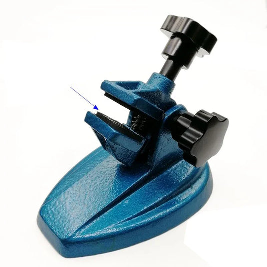 Blue metal micrometer stand indicator with black adjustment knobs screw gauge bracket pedestal for outside measurement