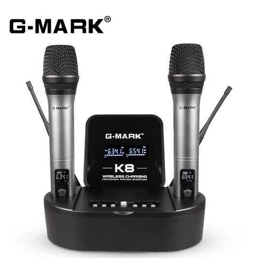 Microphon wireless g-mark k8 uhf karaoke mic system with two silver microphones and black base for church wedding teaching
