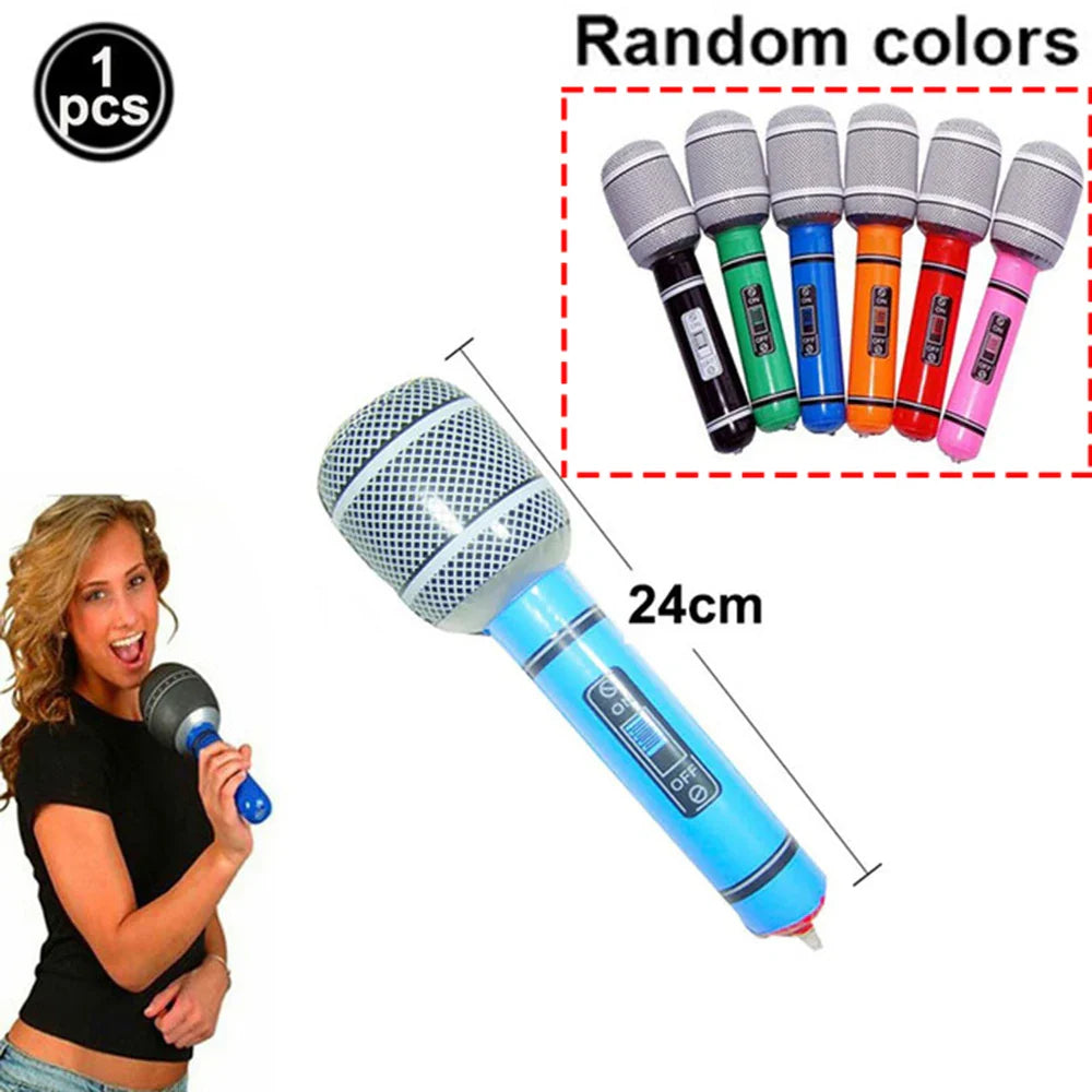 Blue inflatable microphone balloon with silver mesh grille and black button details for 80s 90s party karaoke boy rapper hip hop decor