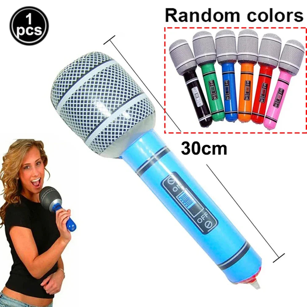 Inflatable blue microphone balloon with silver mesh grille and black accents for microphone balloons karaoke 80s 90s party boy rapper hip use
