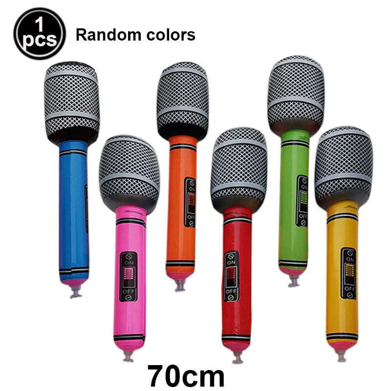 Inflatable microphone balloons karaoke with silver mesh grille colorful plastic body and on/off switch for 80s 90s party boy rapper hip hop