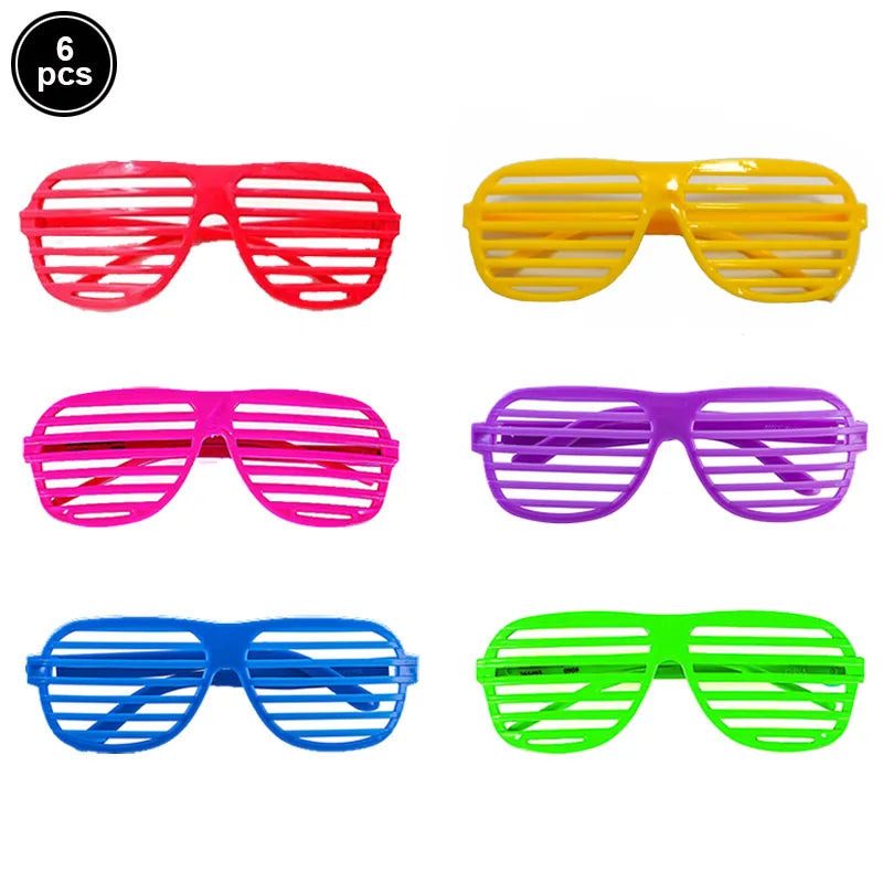 Set of six vibrant neon plastic sunglasses in red yellow pink purple blue and green for 80s 90s party boy rapper hip decor