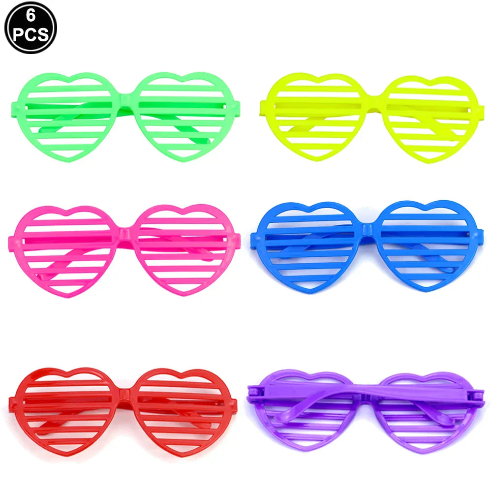 Set of six neon-colored heart-shaped party sunglasses with horizontal slats for 80s 90s party boy rapper hip hop decor