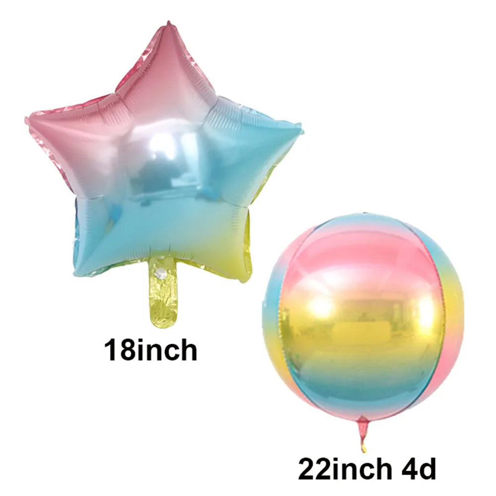 Rainbow gradient star and round foil microphone balloons karaoke with pink blue yellow ombre for 80s 90s party decor