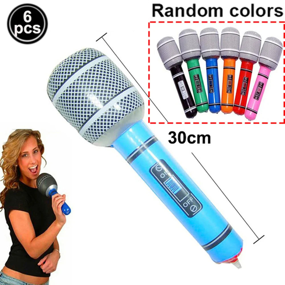 Inflatable blue microphone balloon with silver mesh grille and black accents for microphone balloons karaoke 80s 90s party boy rapper hip use