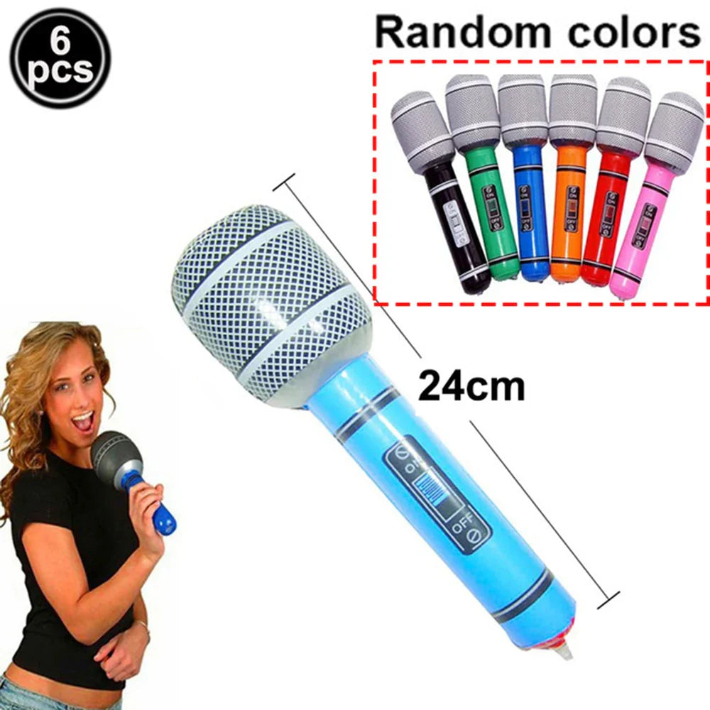 Inflatable microphone balloon with blue body silver mesh grille and black control panel for microphone balloons karaoke 80s 90s party