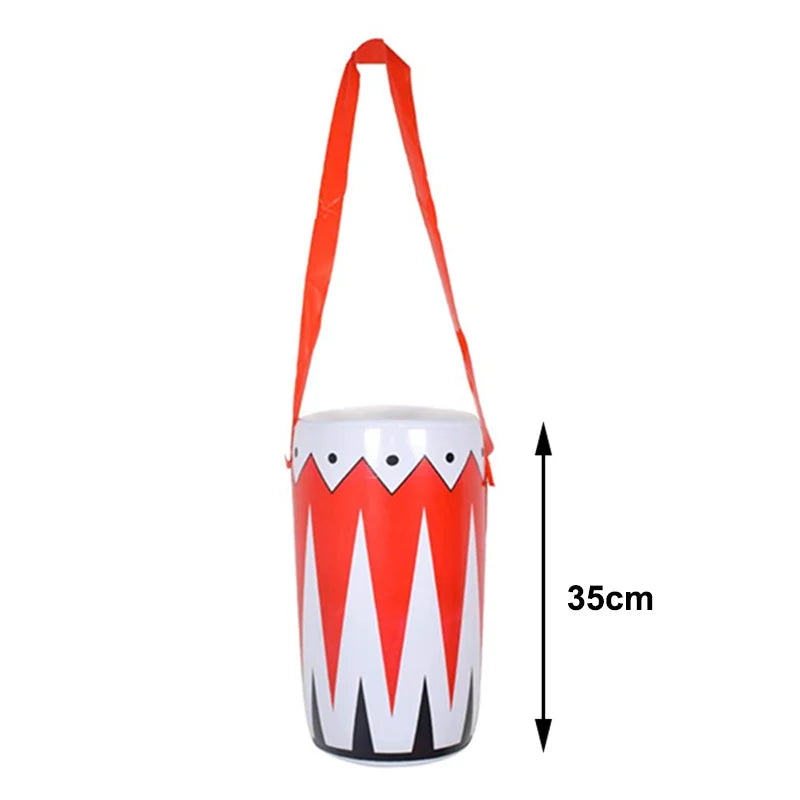 A red and white cylindrical inflatable microphone balloons karaoke speaker with zigzag patterns for 80s 90s party boy rapper hip hop