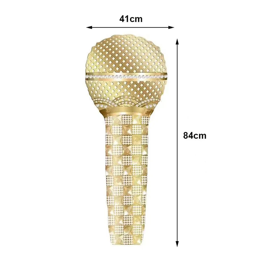 Gold-colored microphone balloons karaoke inflatable speaker with diamond-encrusted grille for 80s 90s party boy rapper hip use