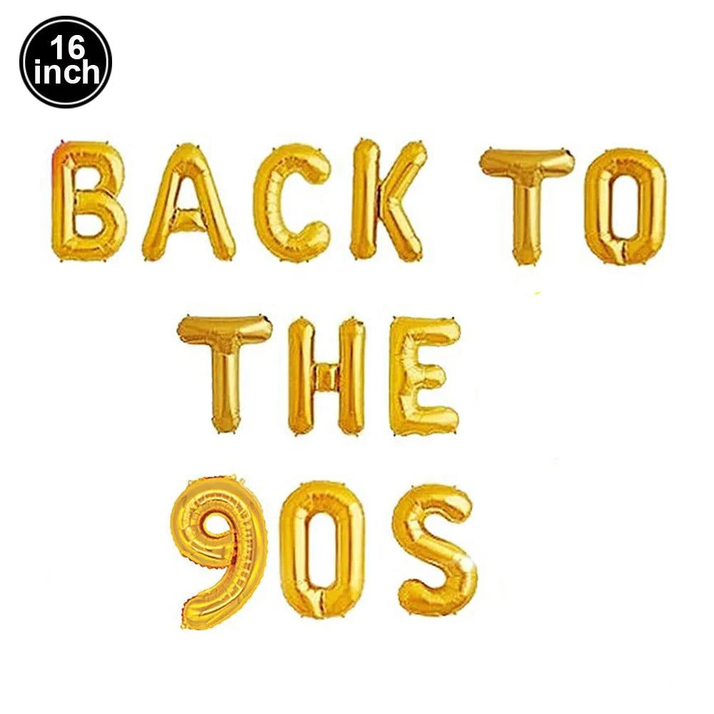 Gold-colored 16-inch foil balloon letters spelling back to the 90s for microphone balloons karaoke and 80s 90s party decor