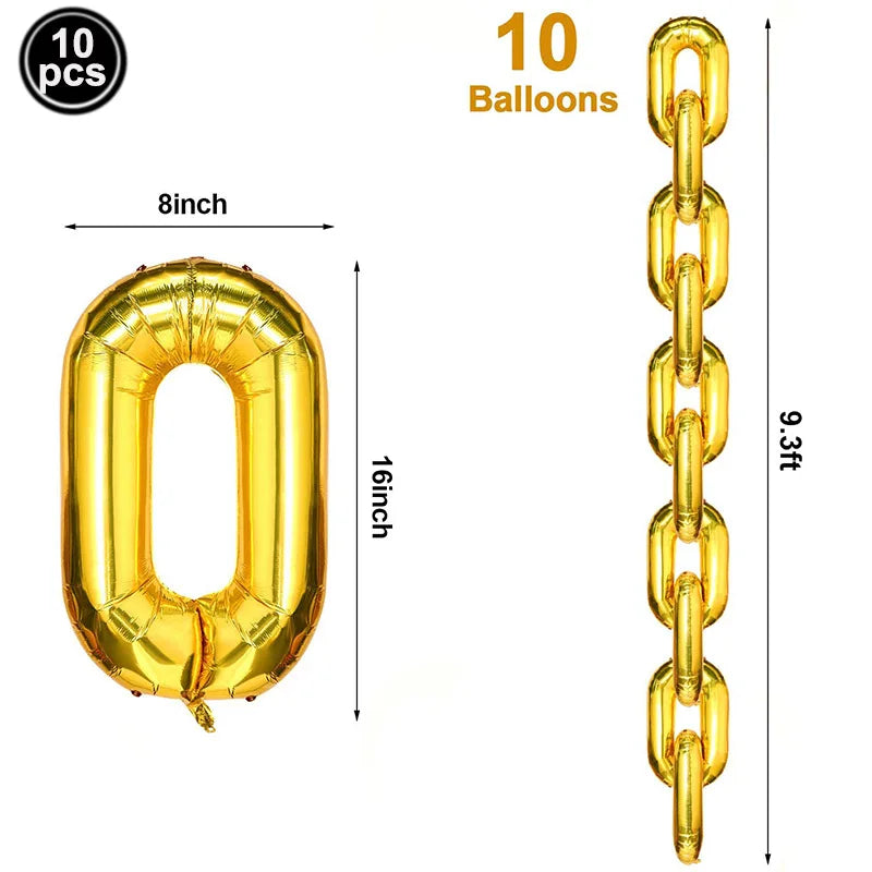 Golden foil balloon set with number zero and chain design includes 10 pieces for microphone balloons karaoke and 80s 90s party decor