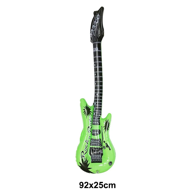 Bright green inflatable electric guitar with black accents and rock star graphics for microphone balloons karaoke and 80s 90s party