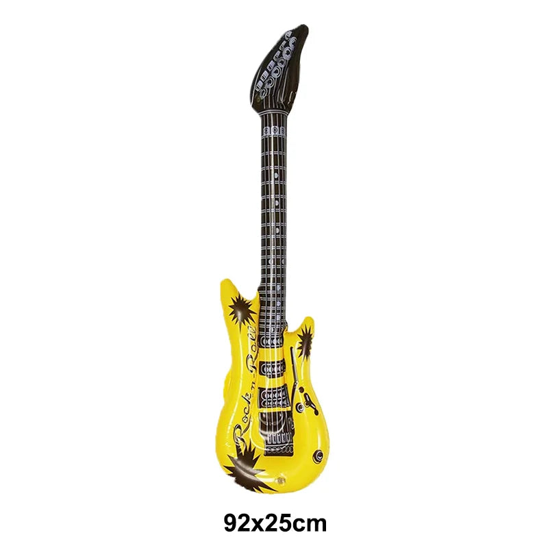 Yellow inflatable electric guitar with black accents and rock n roll text for microphone balloons karaoke 80s 90s party boy rapper hip toy
