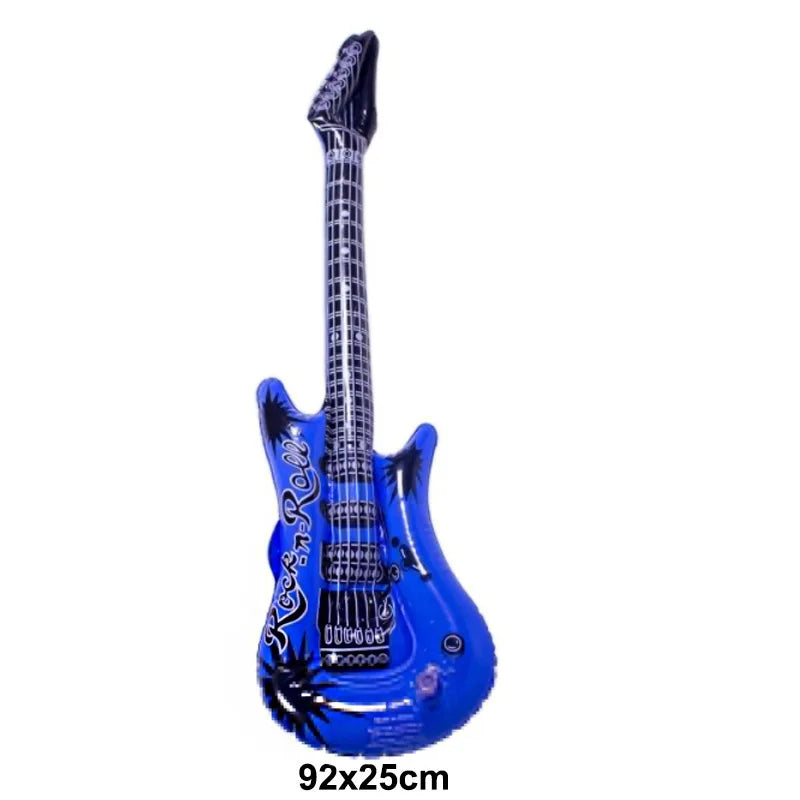 Vibrant blue inflatable guitar with black and silver accents for microphone balloons karaoke 80s 90s party boy rapper hip hop