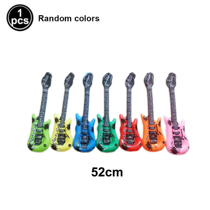Inflatable electric guitar with glossy finish and multicolor starburst decals for microphone balloons karaoke 80s 90s party boy rapper hip decor