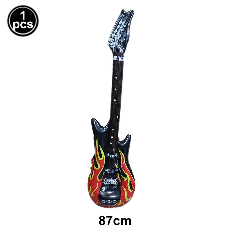 Inflatable black electric guitar with red and yellow flame decals for microphone balloons karaoke 80s 90s party boy rapper hip decor