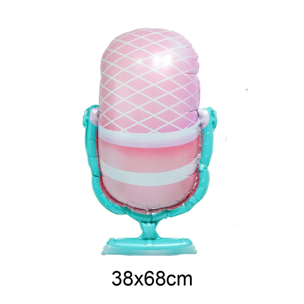 A pink and white striped inflatable microphone balloon with teal base and diamond mesh for microphone balloons karaoke 80s 90s party boy rapper hip use