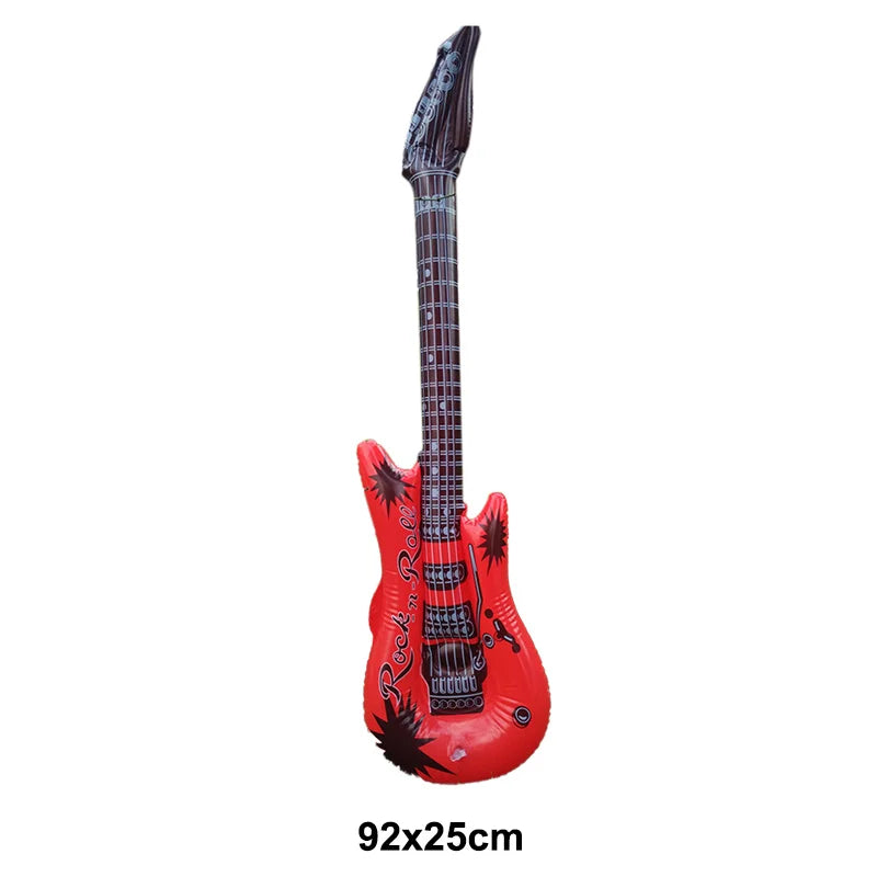 Red inflatable electric guitar with black starburst decals and rock n roll lettering for microphone balloons karaoke 80s 90s party boy rapper hip hop decor